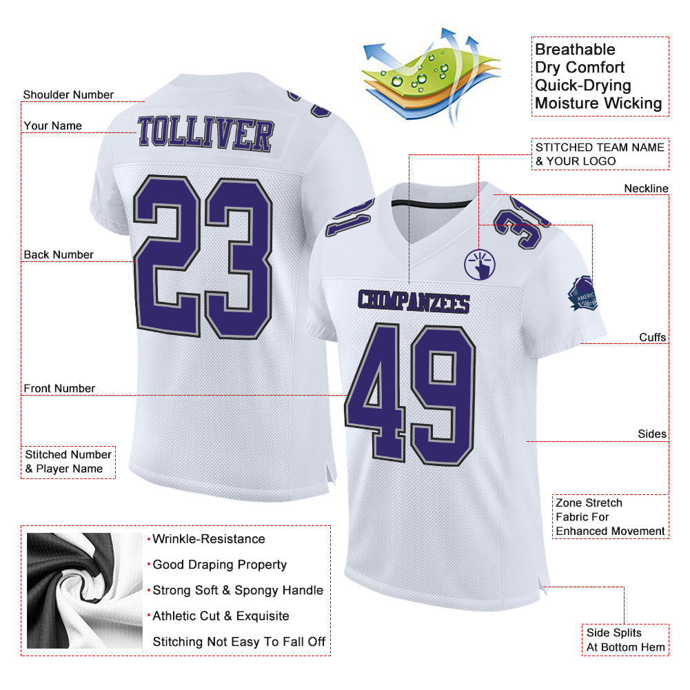 Custom White Purple Gray-Black Mesh Authentic Football Jersey view 2