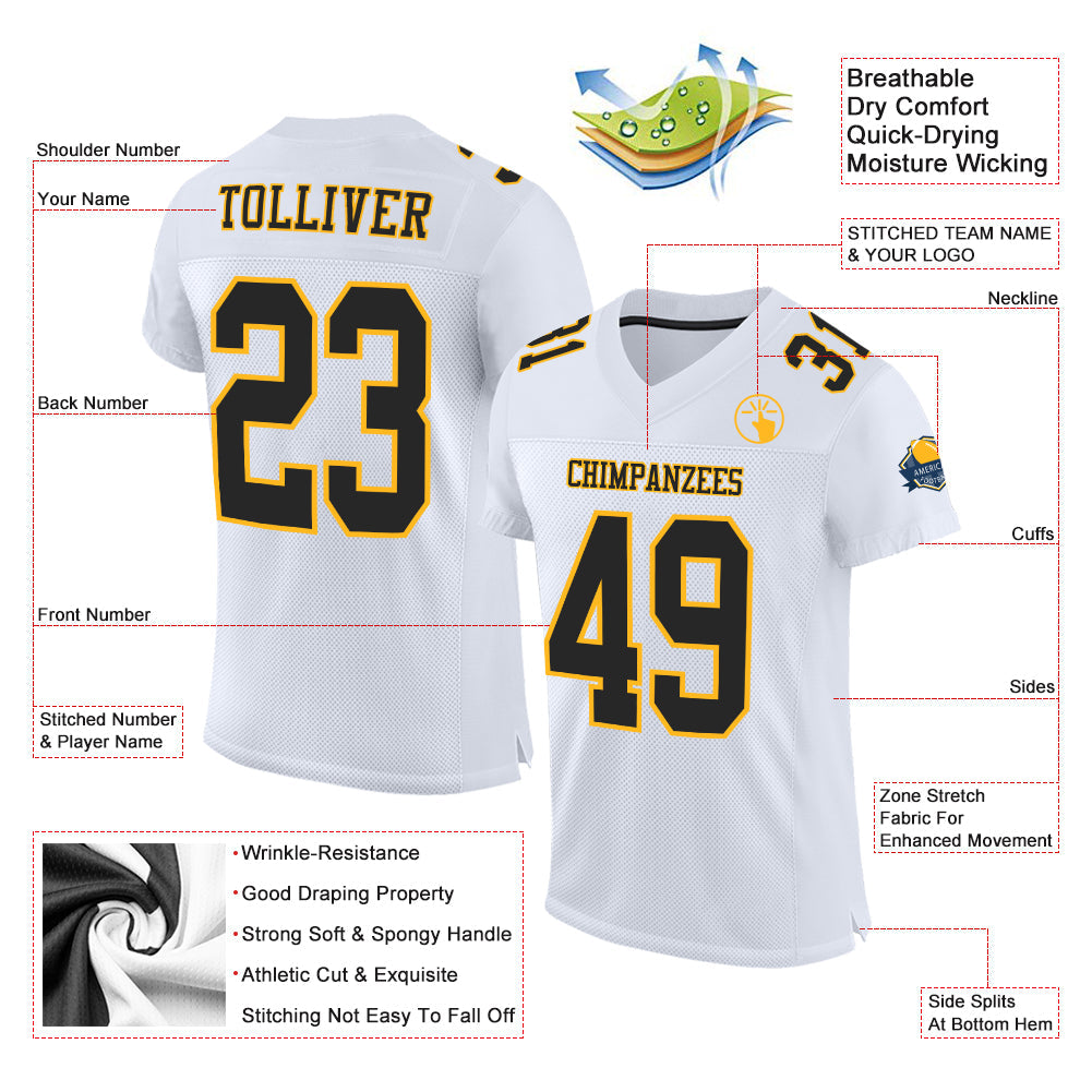 Custom White Black-Gold Mesh Authentic Football Jersey view 2