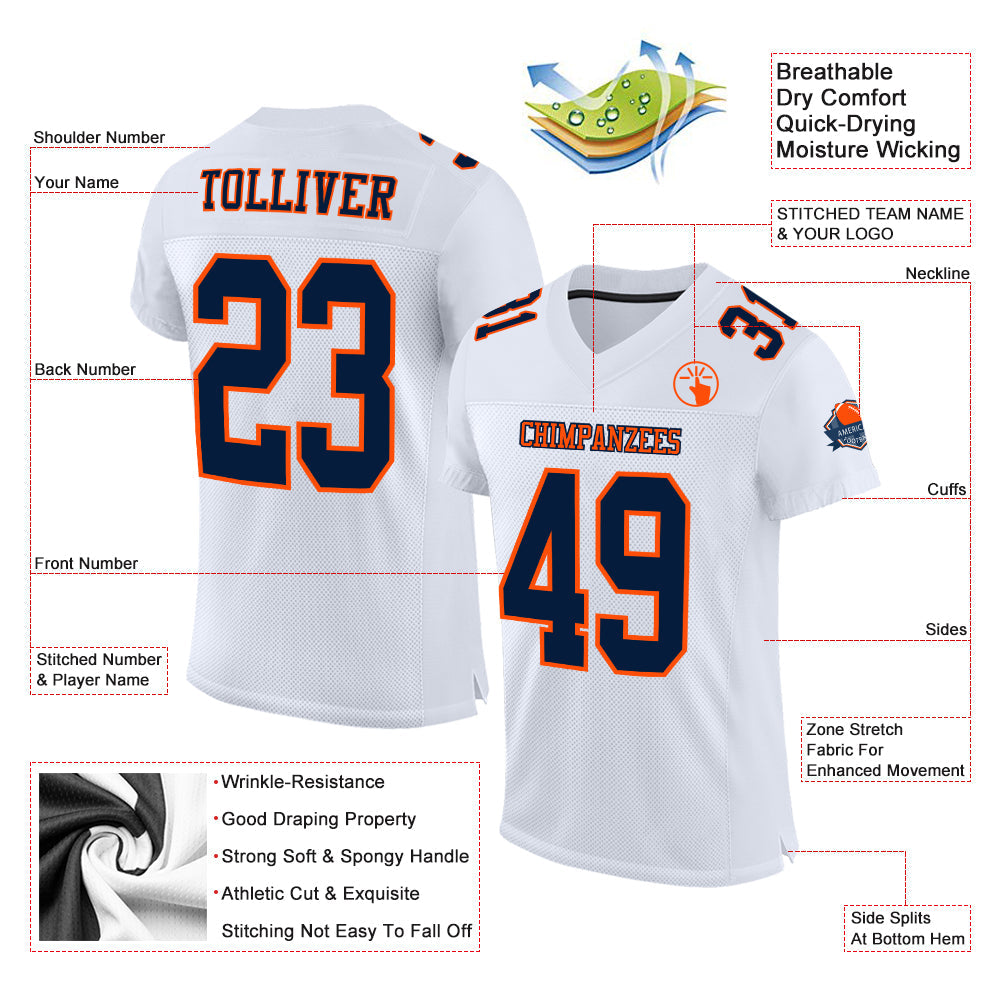 Custom White Navy-Orange Mesh Authentic Football Jersey view 2