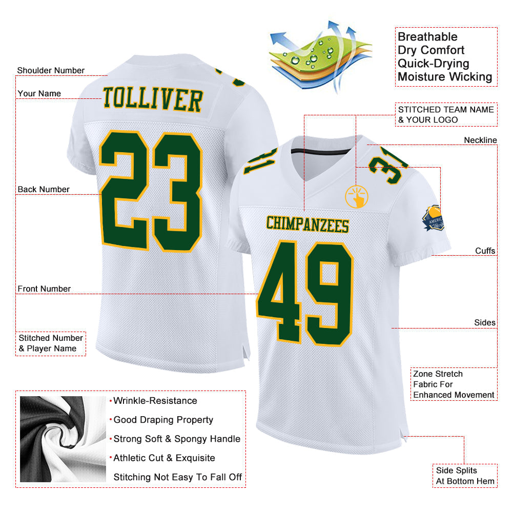 Custom White Green-Gold Mesh Authentic Football Jersey view 2