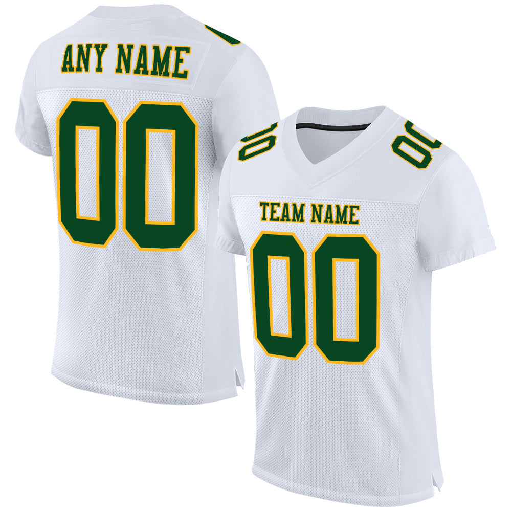 Custom White Green-Gold Mesh Authentic Football Jersey - Main View