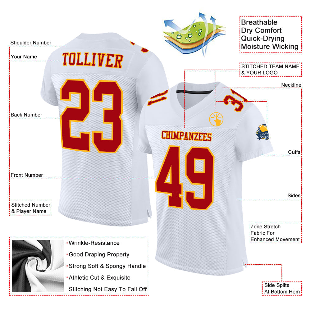 Custom White Red-Gold Mesh Authentic Football Jersey view 2