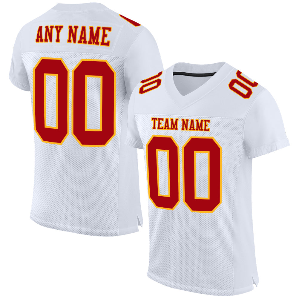 Custom White Red-Gold Mesh Authentic Football Jersey - Main View