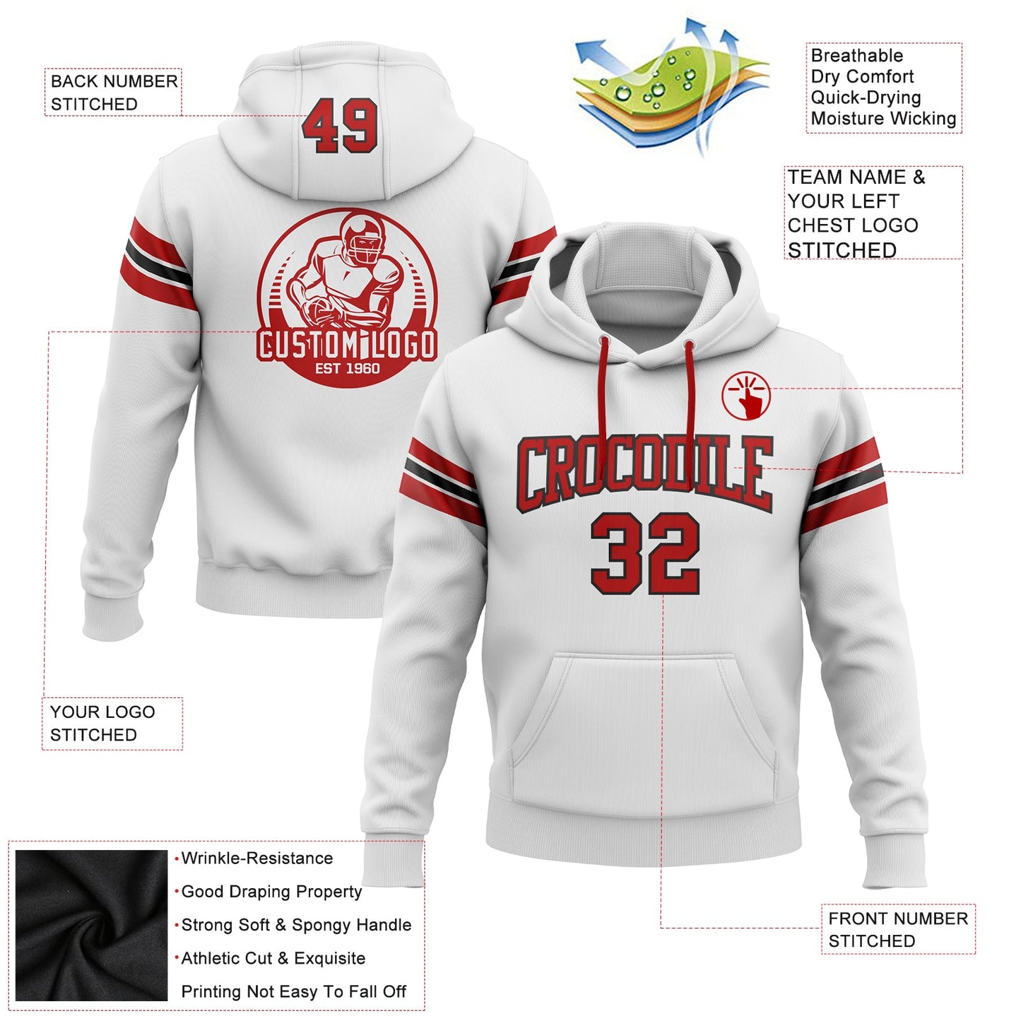 Custom Stitched White Red-Black Football Pullover Sweatshirt Hoodie view 2