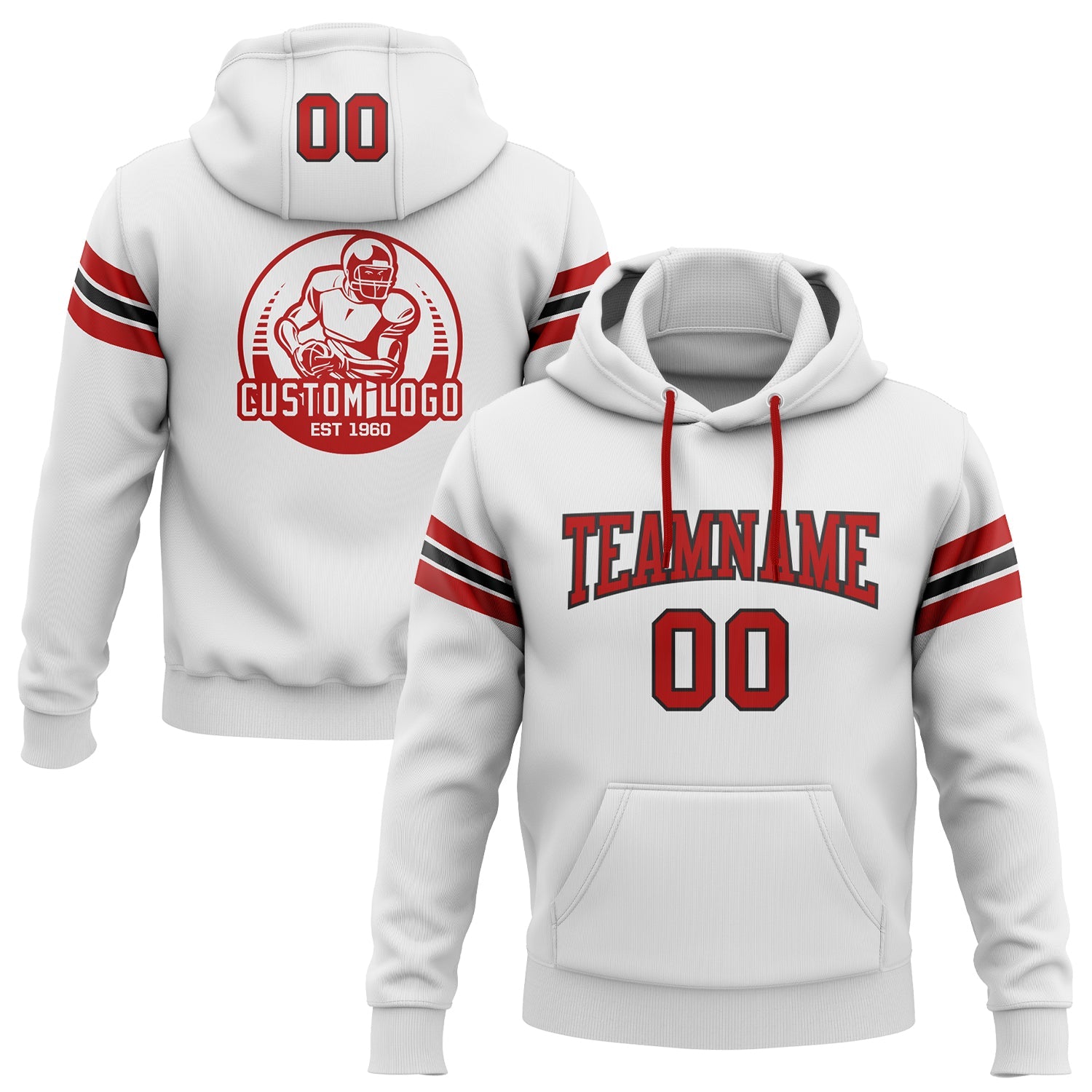 Custom Stitched White Red-Black Football Pullover Sweatshirt Hoodie - Main View