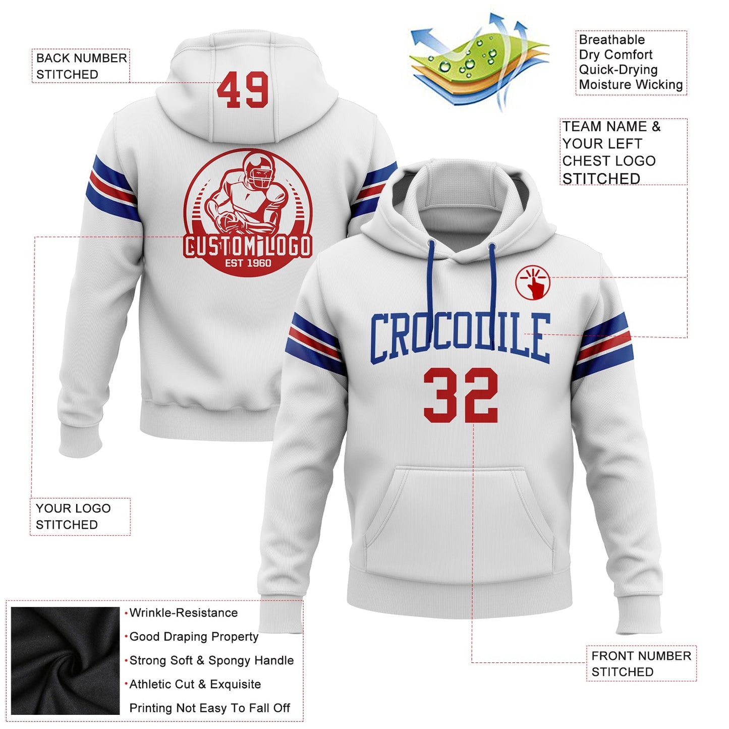 Custom Stitched White Red-Royal Football Pullover Sweatshirt Hoodie view 2