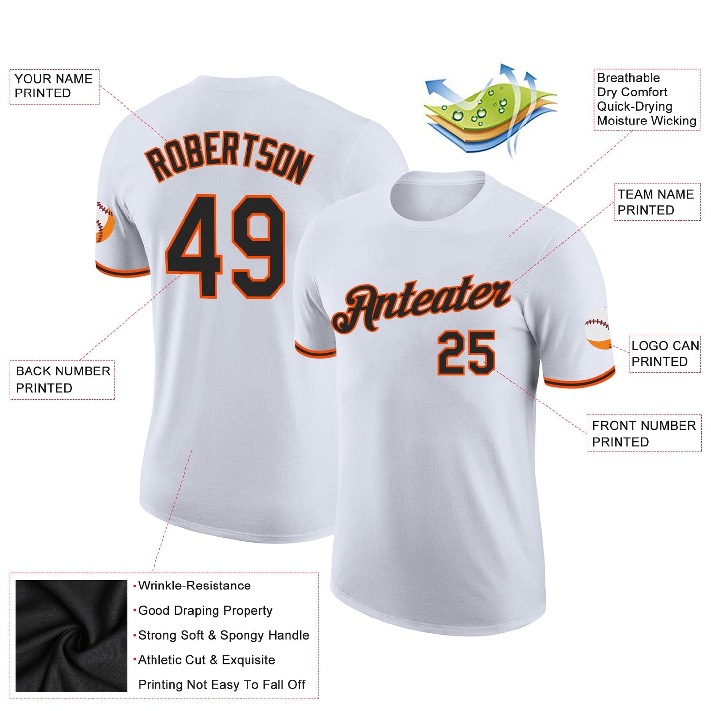 Custom White Black-Orange Performance T-Shirt view 2