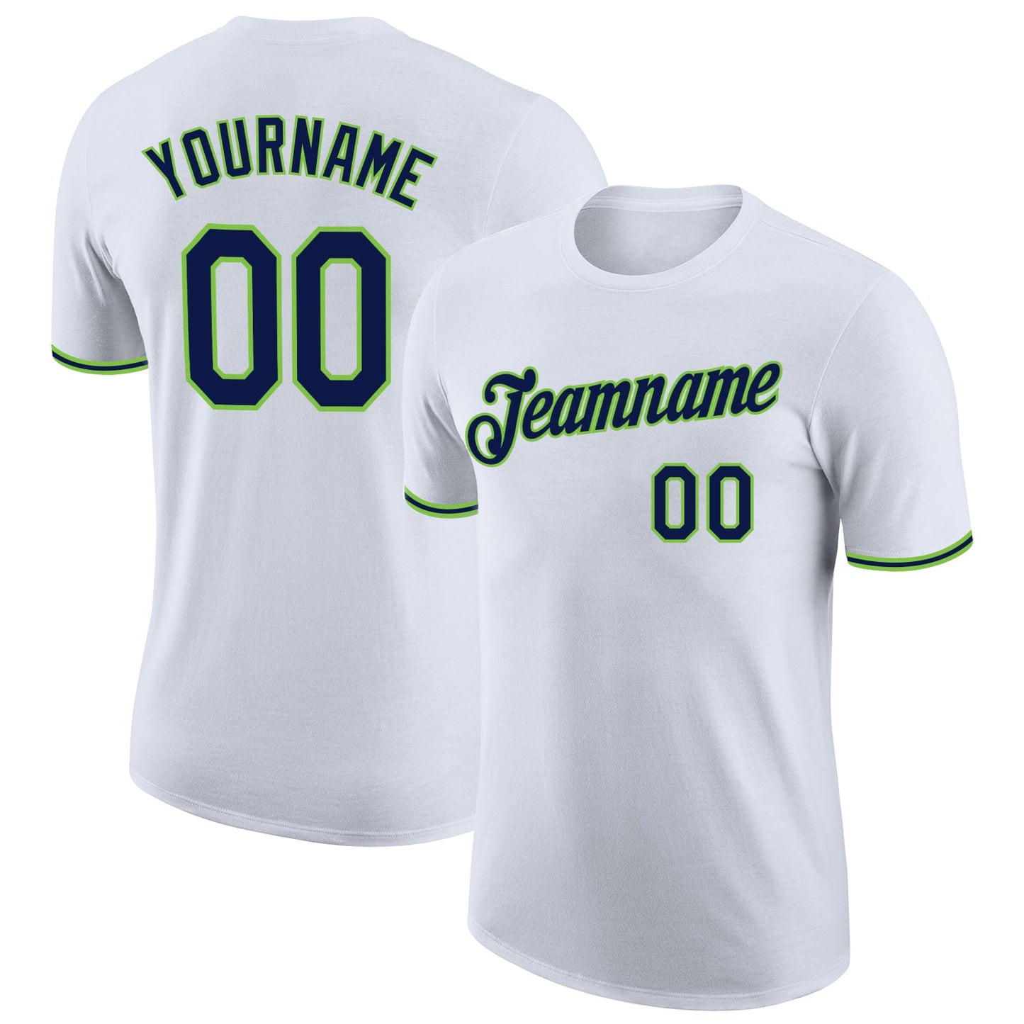 Custom White Navy-Neon Green Performance T-Shirt - Main View