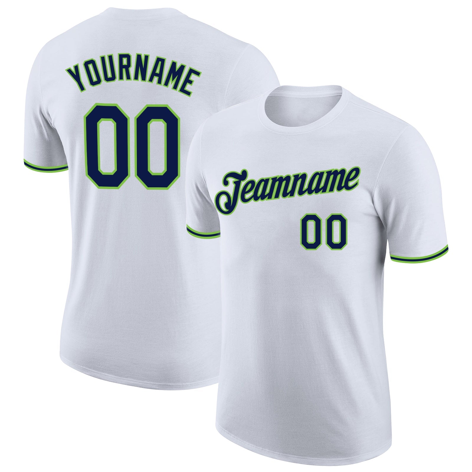 Custom White Navy-Neon Green Performance T-Shirt - Main View