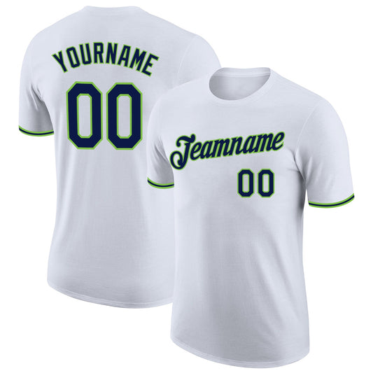 Custom White Navy-Neon Green Performance T-Shirt - Main View
