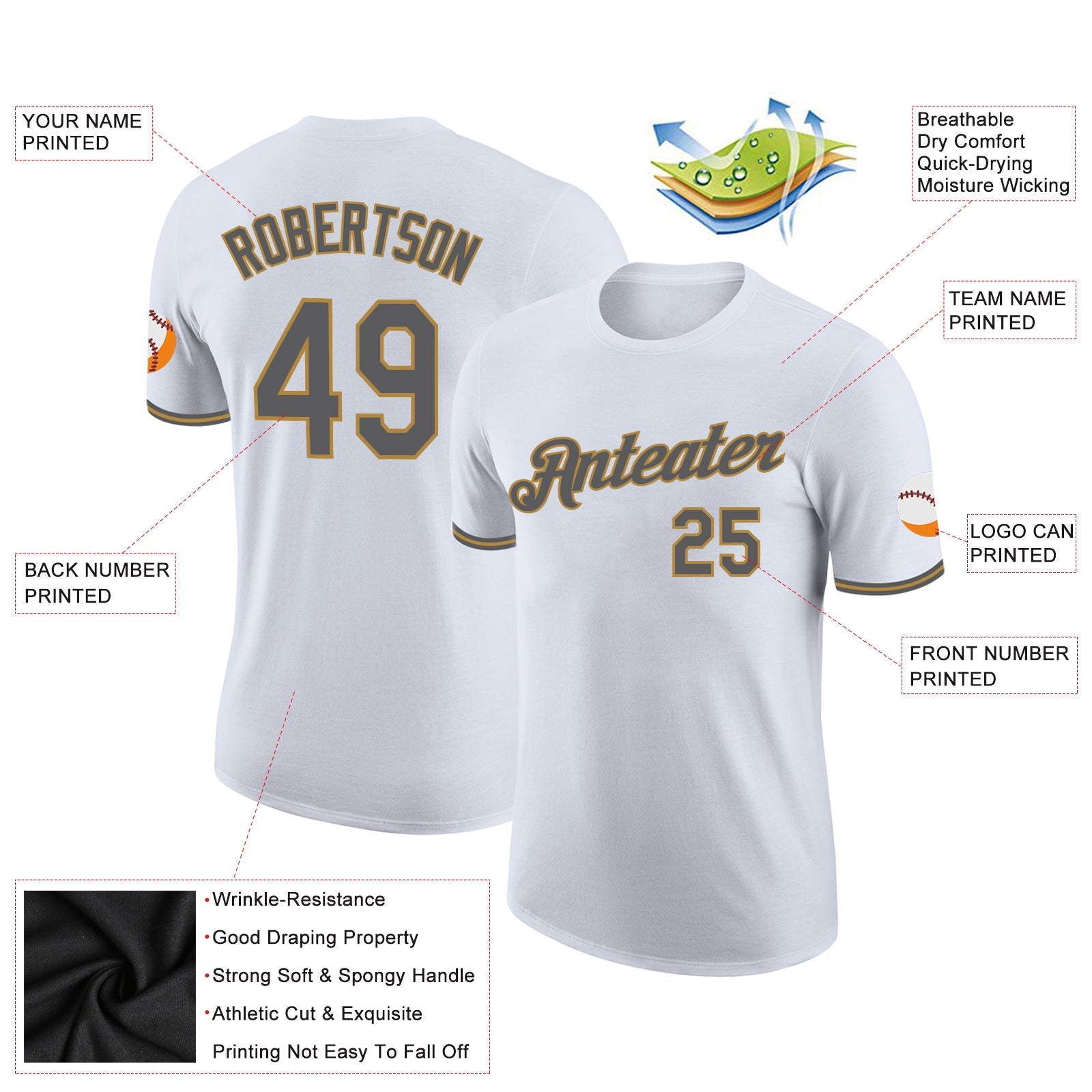 Custom White Steel Gray-Old Gold Performance T-Shirt view 2
