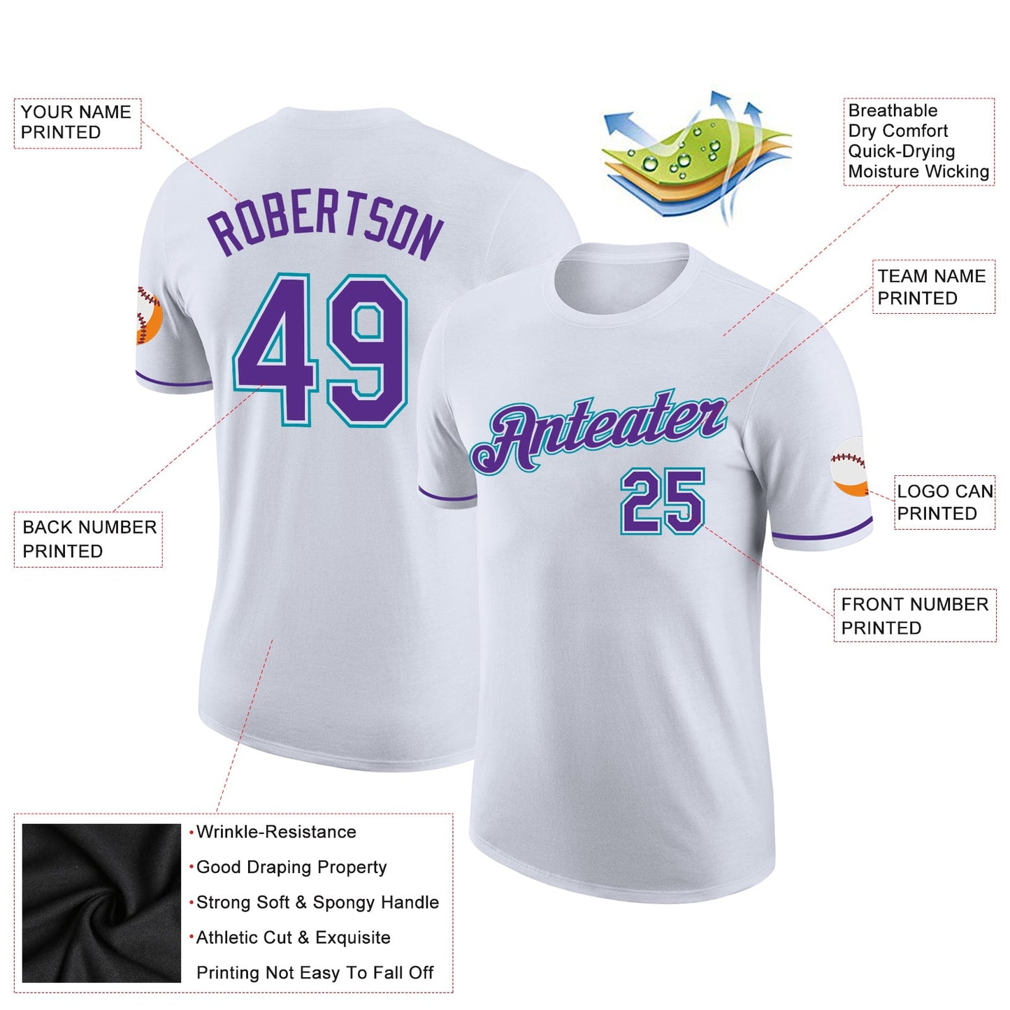 Custom White Purple-Teal Performance T-Shirt view 2