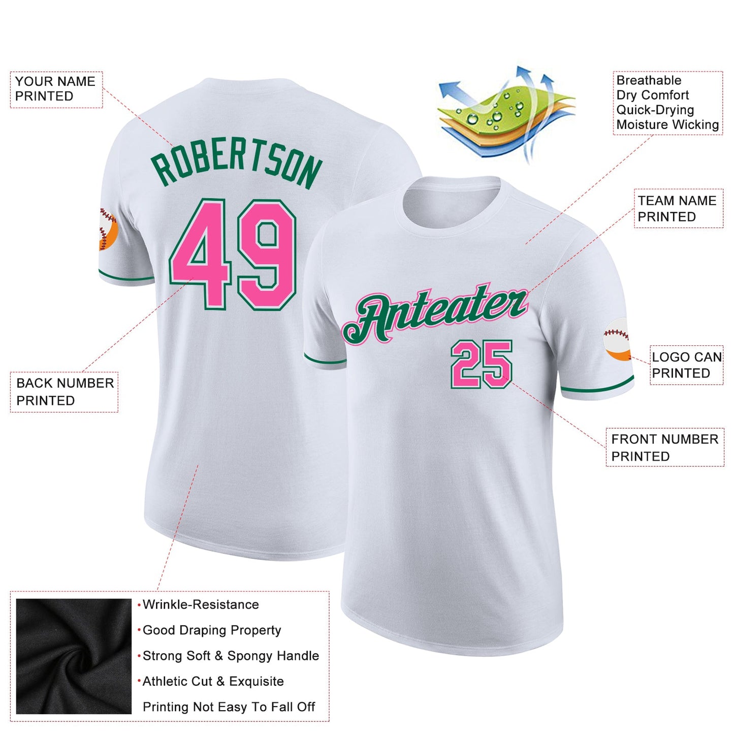 Custom White Pink-Kelly Green Performance T-Shirt view 2