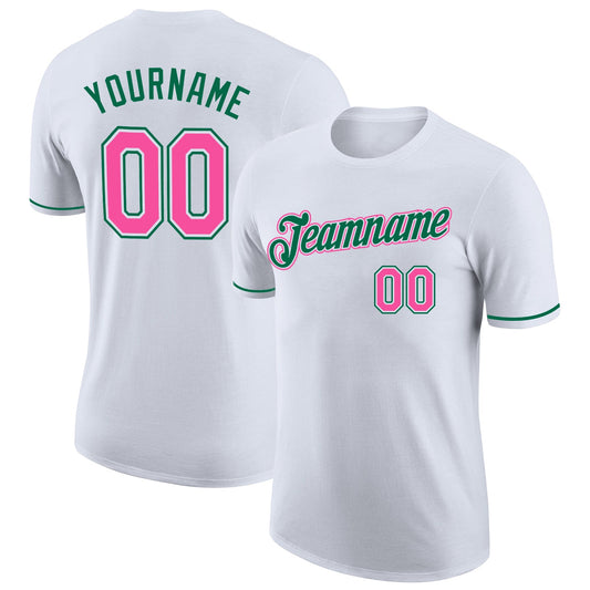 Custom White Pink-Kelly Green Performance T-Shirt - Main View