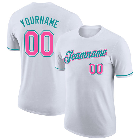 Custom White Pink-Teal Performance T-Shirt - Main View
