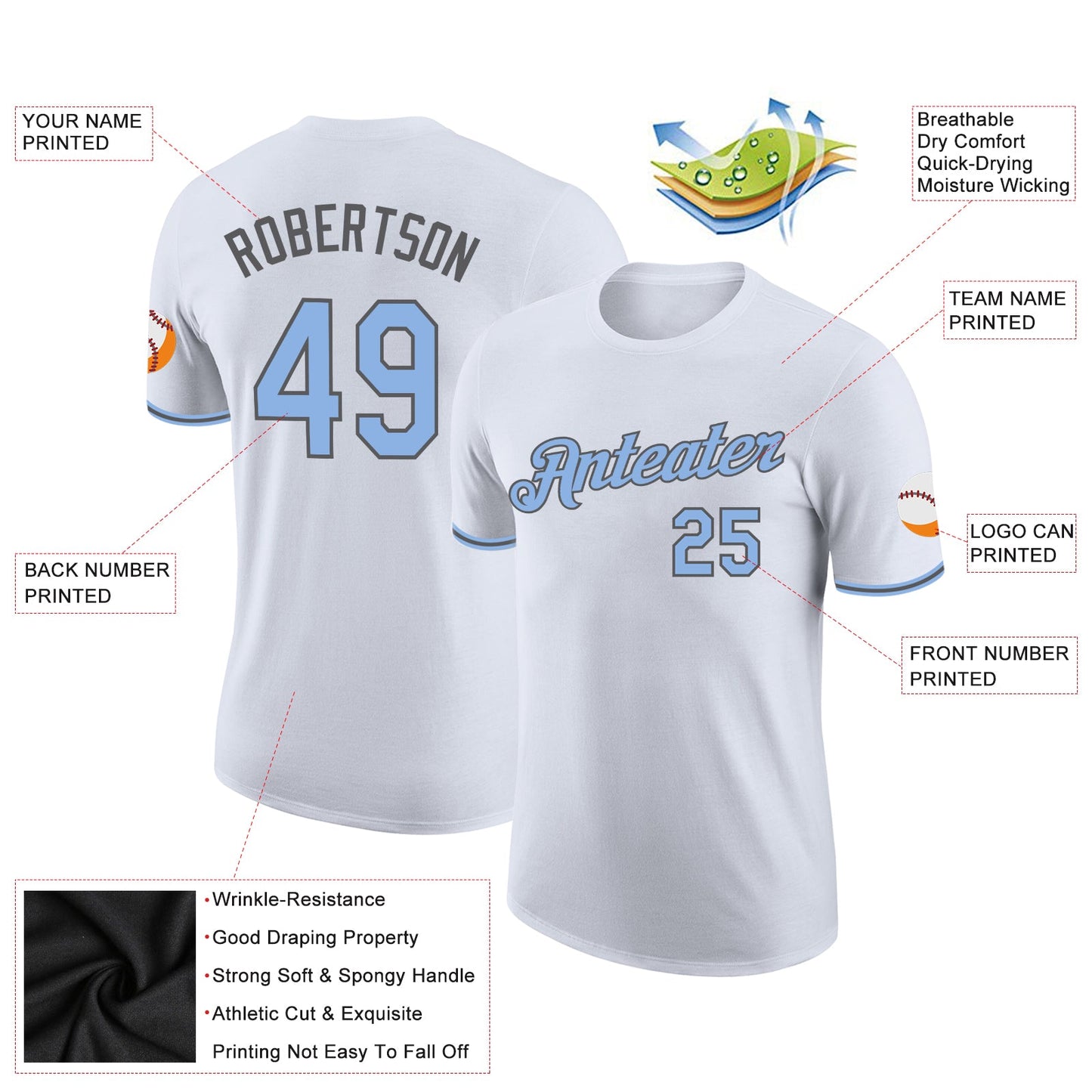 Custom White Light Blue-Steel Gray Performance T-Shirt view 2