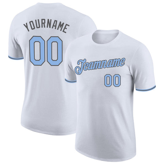 Custom White Light Blue-Steel Gray Performance T-Shirt - Main View