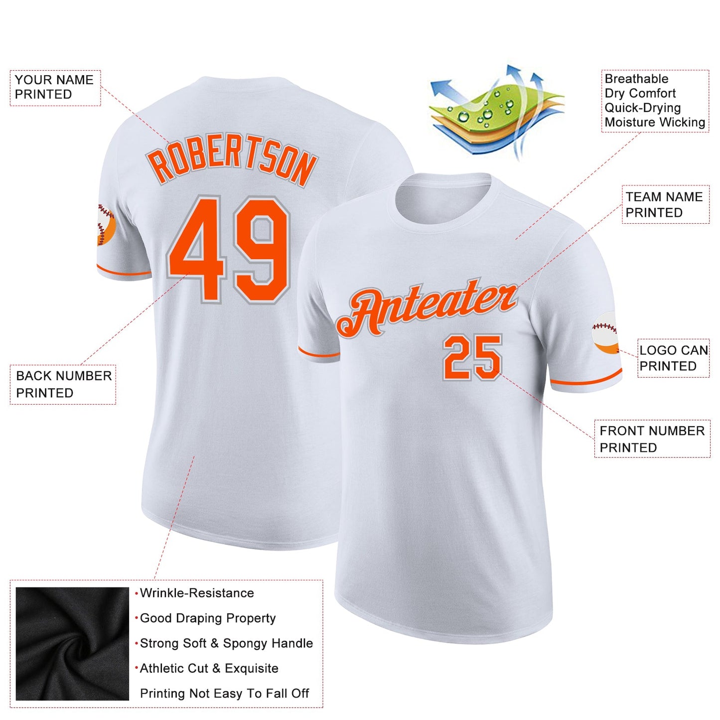 Custom White Orange-Gray Performance T-Shirt view 2