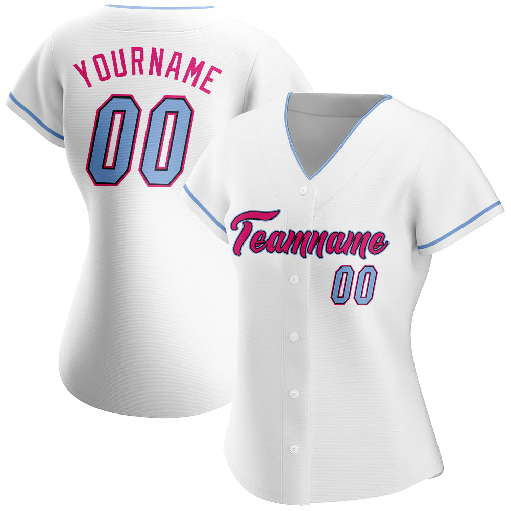 Custom White Light Blue Black-Hot Pink Authentic Baseball Jersey view 2