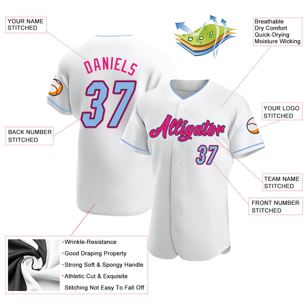 Custom White Light Blue Black-Hot Pink Authentic Baseball Jersey view 3
