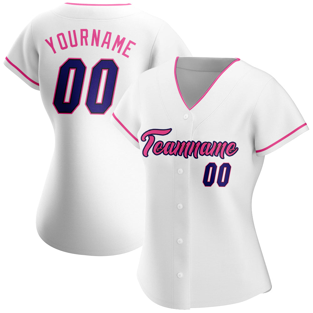 Custom White Dark Purple Black-Pink Authentic Baseball Jersey view 2