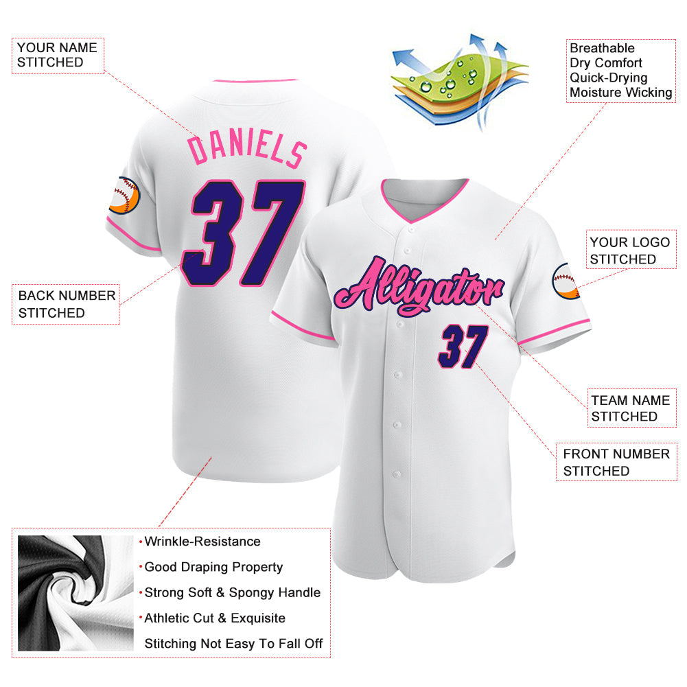 Custom White Dark Purple Black-Pink Authentic Baseball Jersey view 3