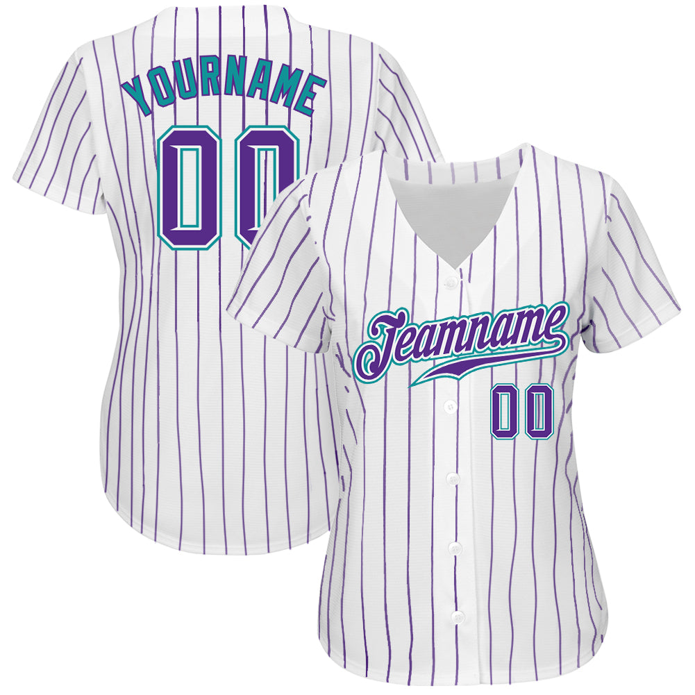 Custom White Purple Pinstripe Purple-Teal Authentic Baseball Jersey view 2