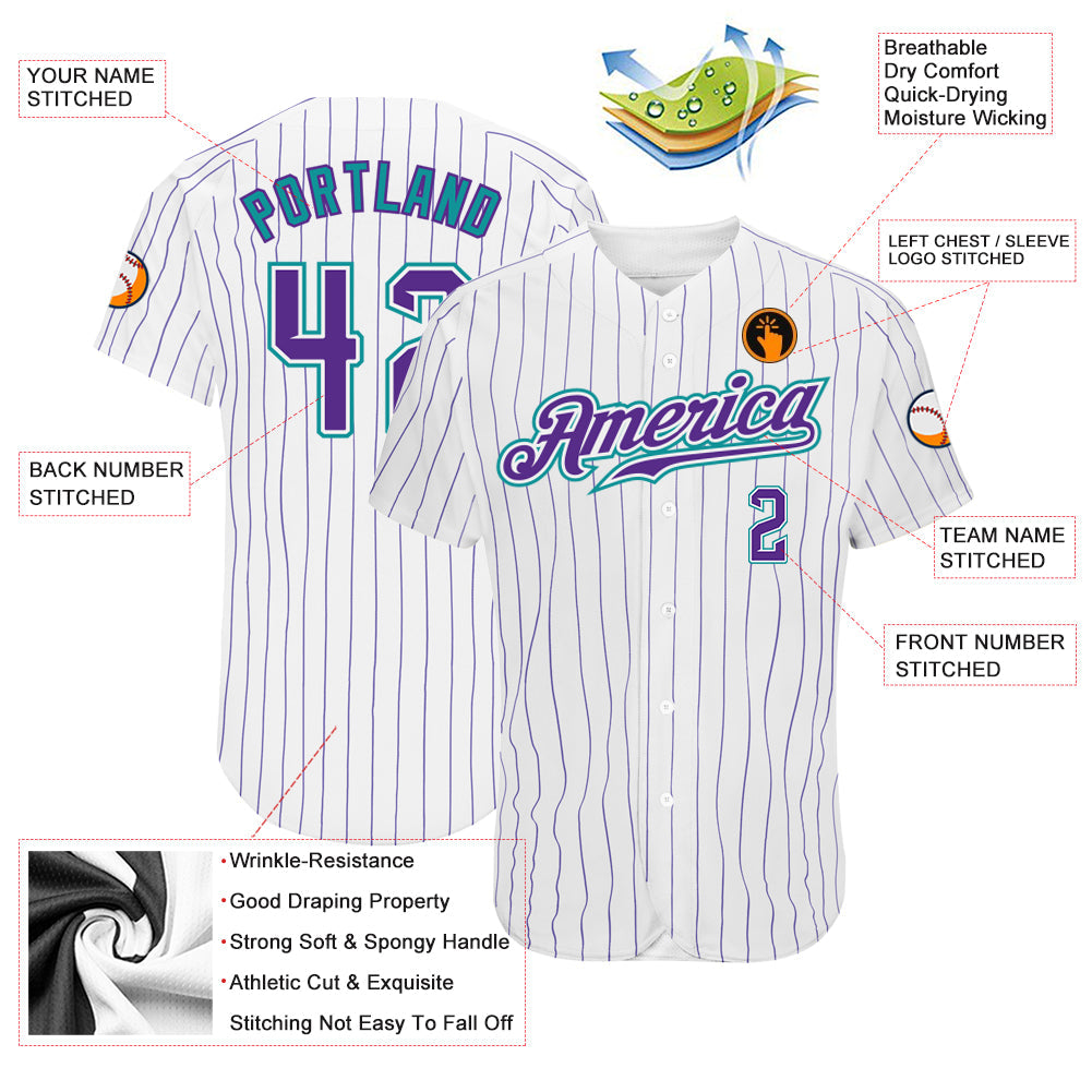 Custom White Purple Pinstripe Purple-Teal Authentic Baseball Jersey view 3