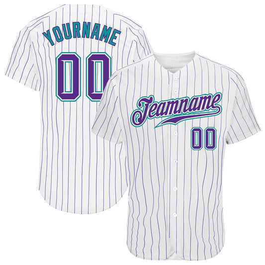 Custom White Purple Pinstripe Purple-Teal Authentic Baseball Jersey - Main View