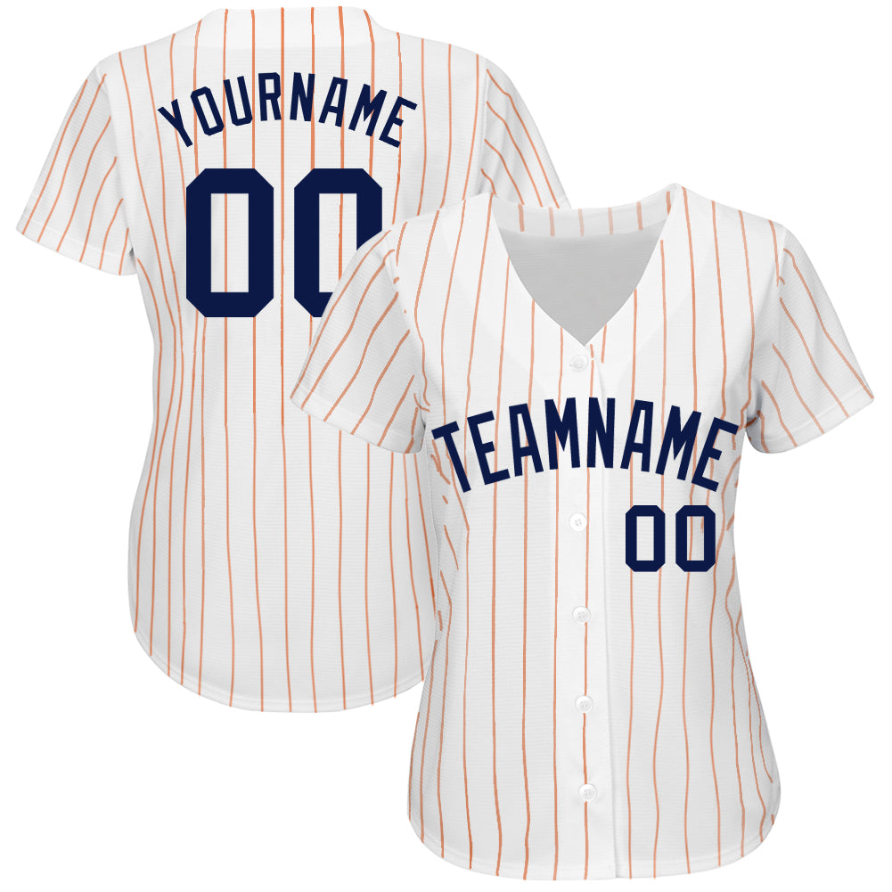 Custom White Orange Pinstripe Navy Authentic Baseball Jersey view 2