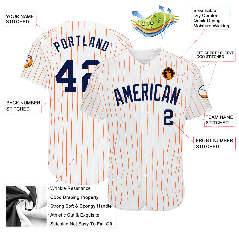 Custom White Orange Pinstripe Navy Authentic Baseball Jersey view 3