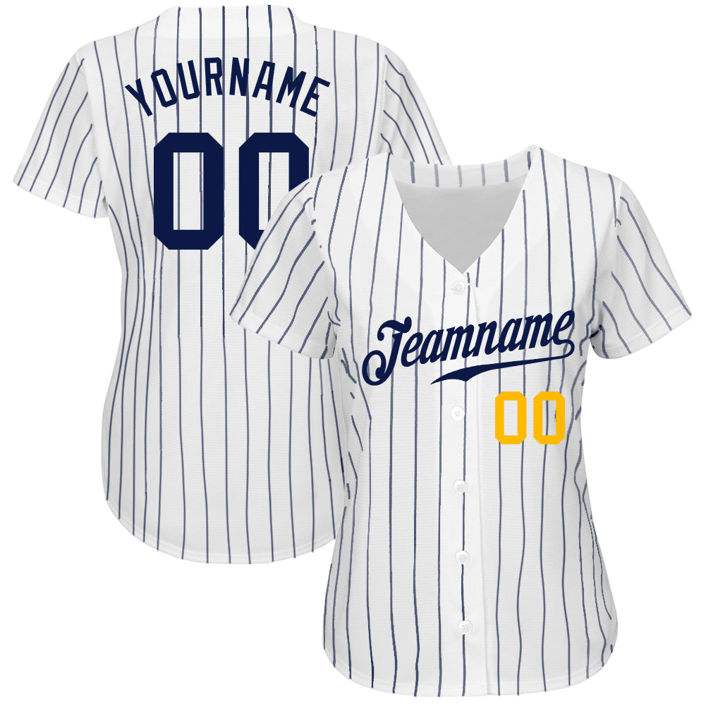 Custom White Navy Pinstripe Navy-Gold Authentic Baseball Jersey view 2