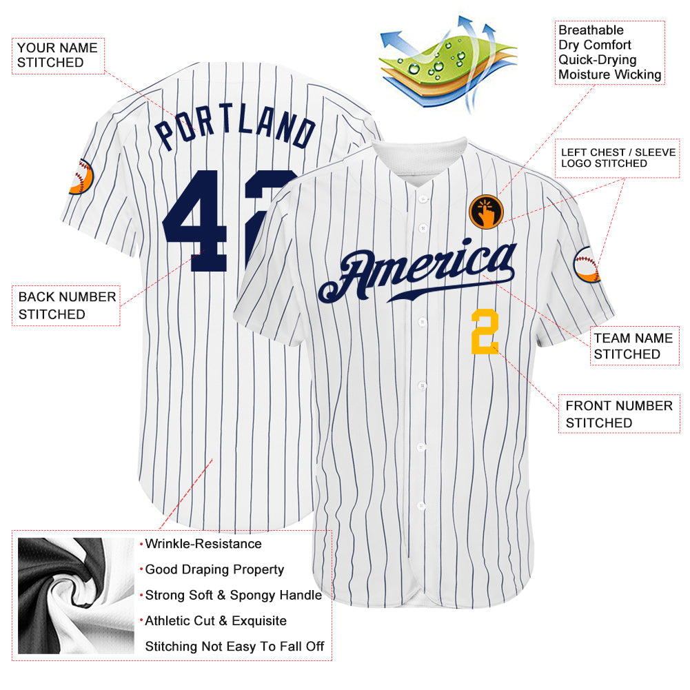 Custom White Navy Pinstripe Navy-Gold Authentic Baseball Jersey view 3