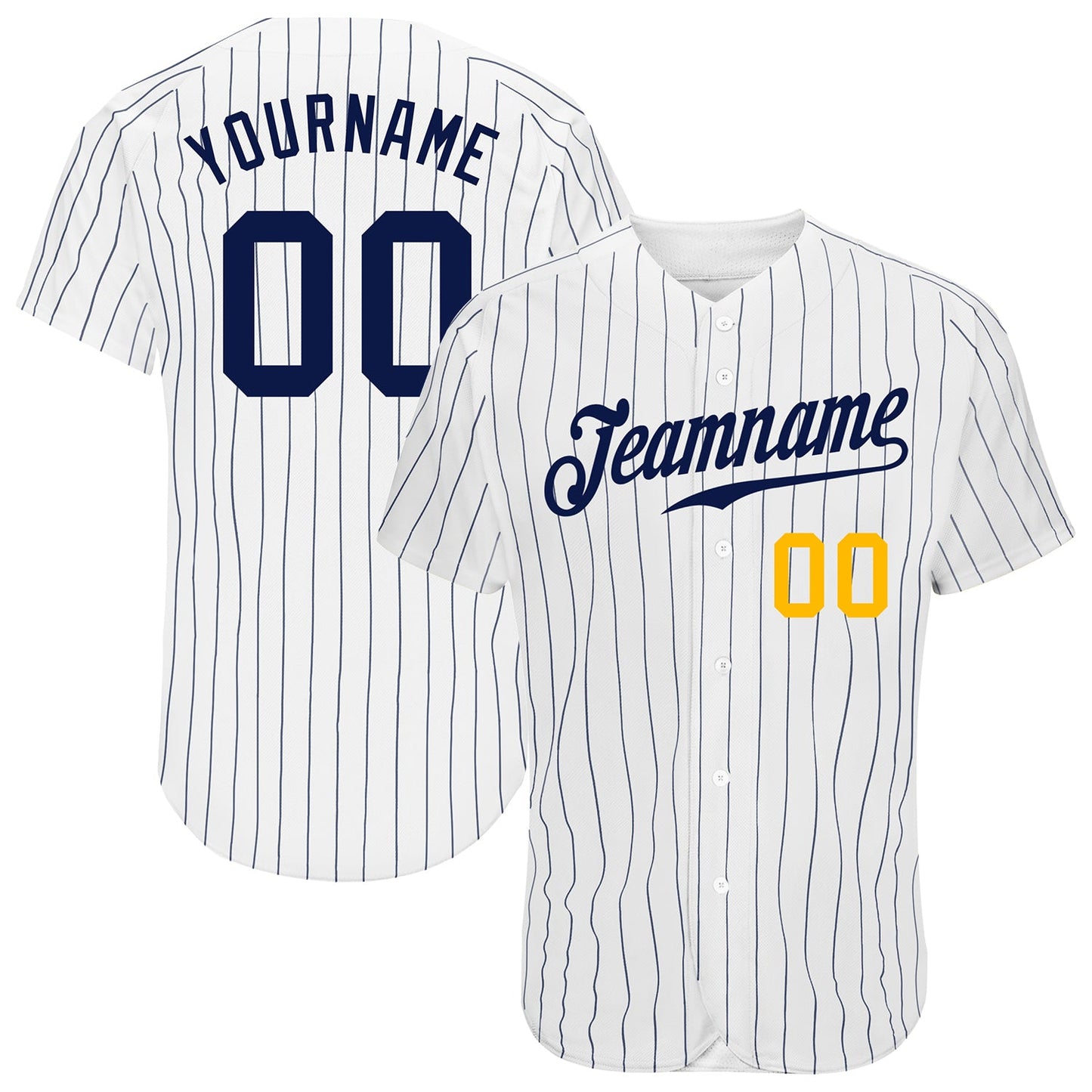 Custom White Navy Pinstripe Navy-Gold Authentic Baseball Jersey - Main View