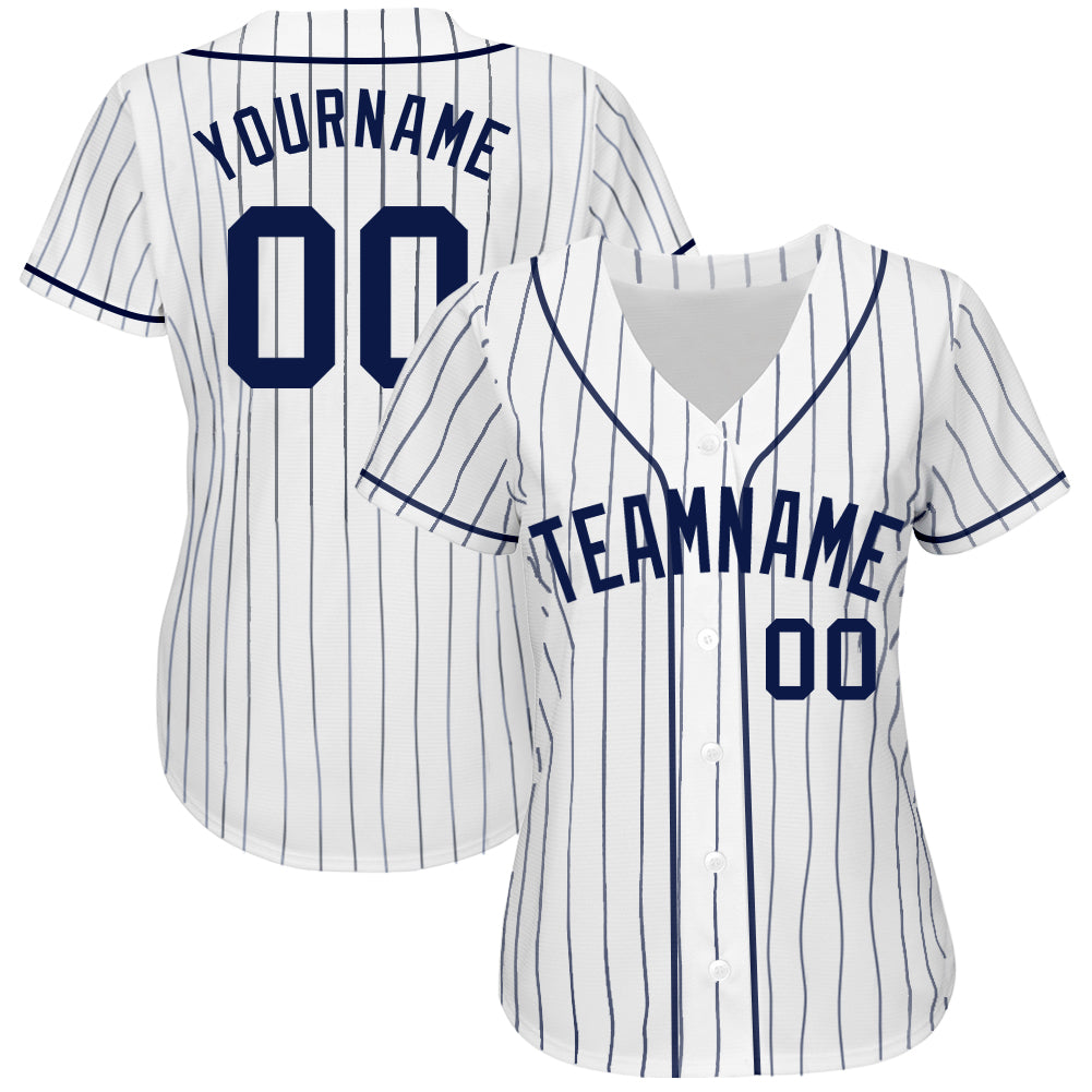 Custom White Navy Pinstripe Navy Authentic Baseball Jersey view 2