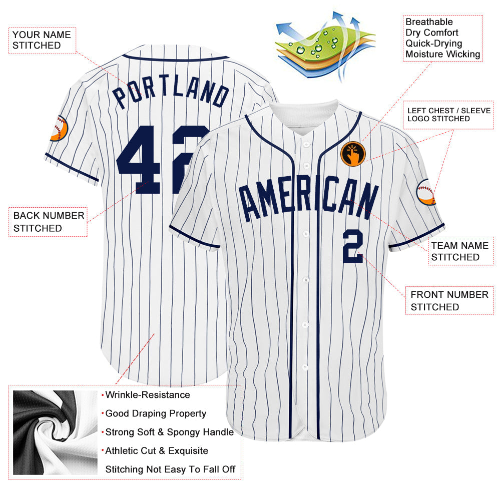Custom White Navy Pinstripe Navy Authentic Baseball Jersey view 3