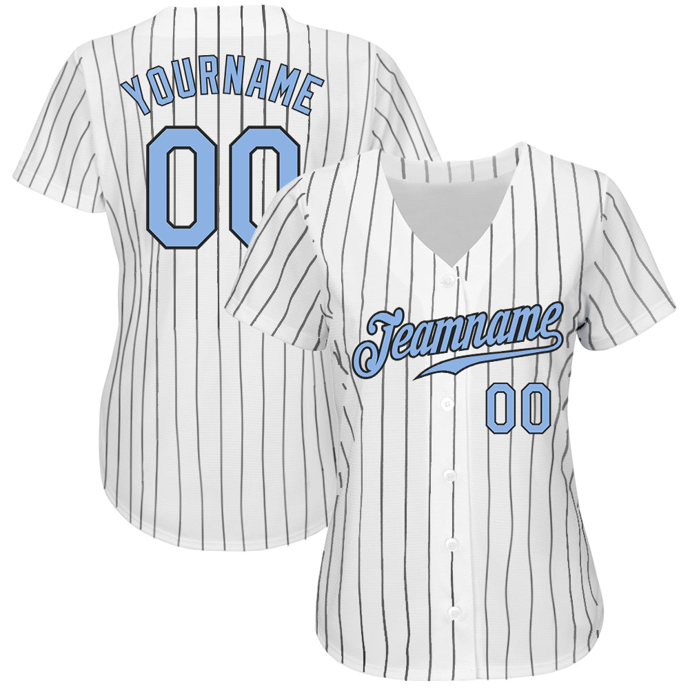 Custom White Black Pinstripe Light Blue-Black Authentic Baseball Jersey view 2