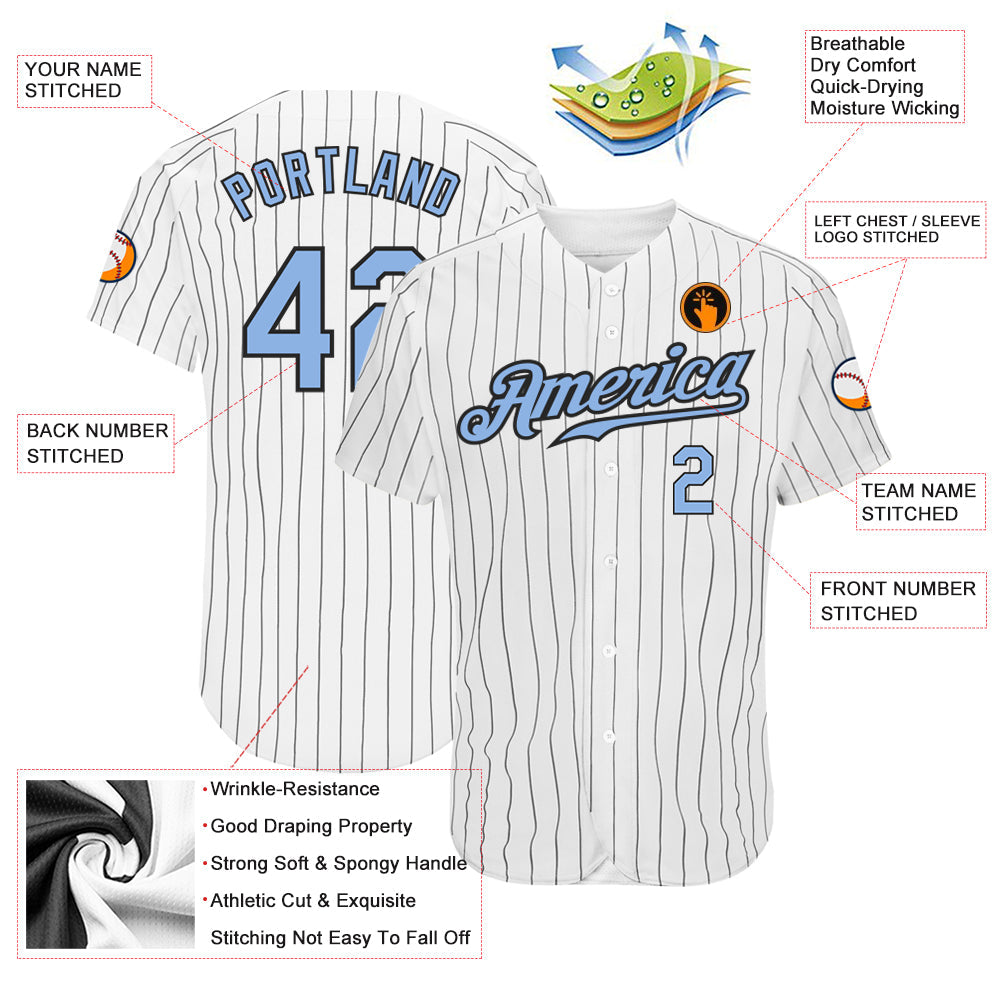 Custom White Black Pinstripe Light Blue-Black Authentic Baseball Jersey view 3