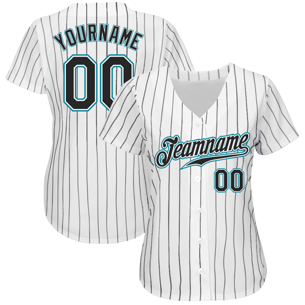 Custom White Black Pinstripe Black-Teal Authentic Baseball Jersey view 2