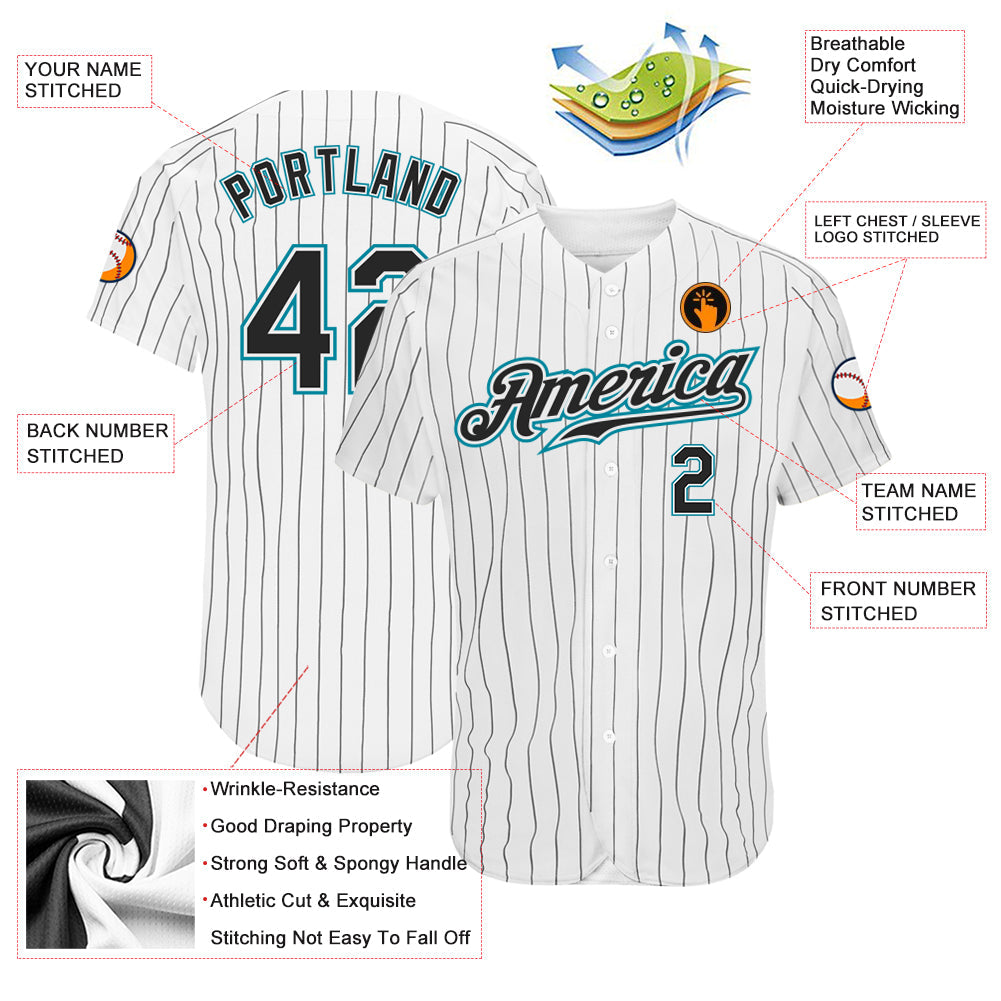 Custom White Black Pinstripe Black-Teal Authentic Baseball Jersey view 3