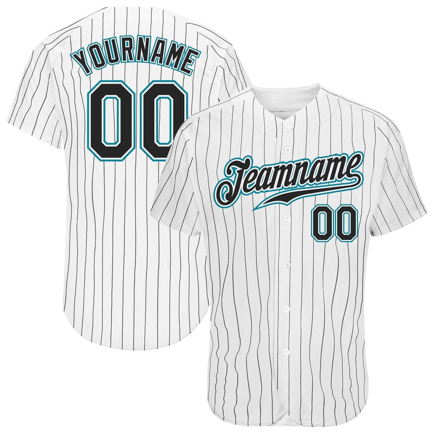 Custom White Black Pinstripe Black-Teal Authentic Baseball Jersey - Main View