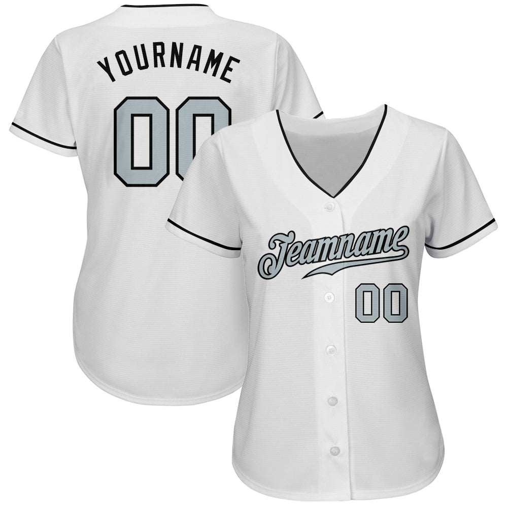 Custom White Silver-Black Authentic Baseball Jersey view 3