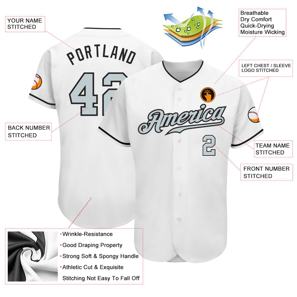 Custom White Silver-Black Authentic Baseball Jersey view 4