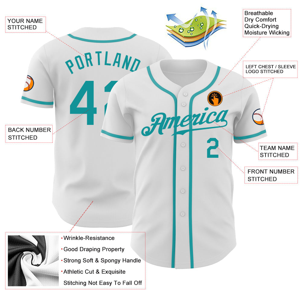Custom White Teal Authentic Baseball Jersey view 4