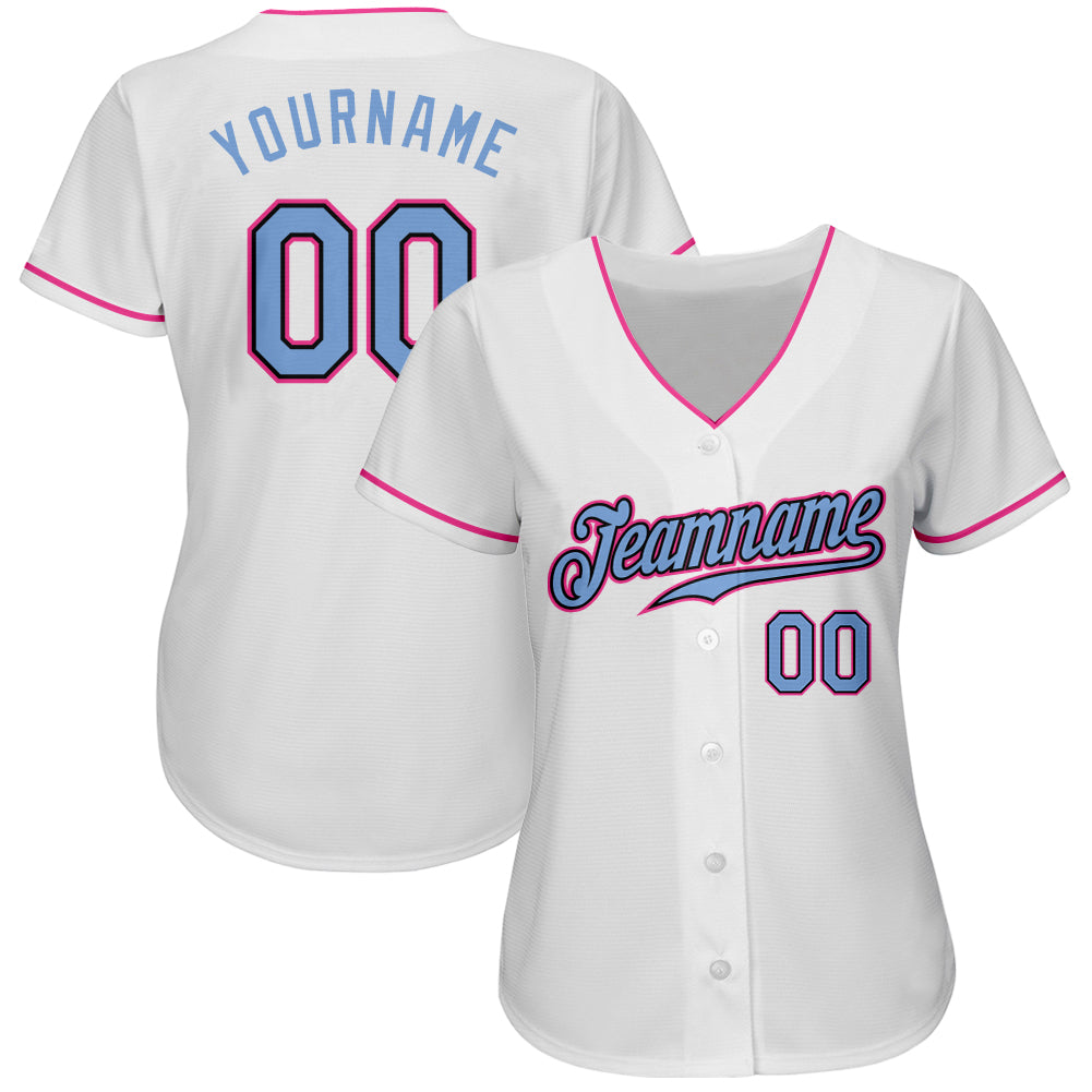 Custom White Light Blue Black-Pink Authentic Baseball Jersey view 2