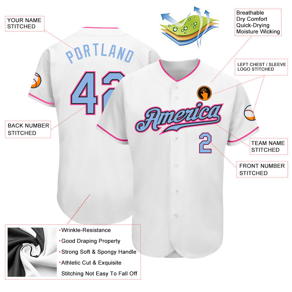 Custom White Light Blue Black-Pink Authentic Baseball Jersey view 3