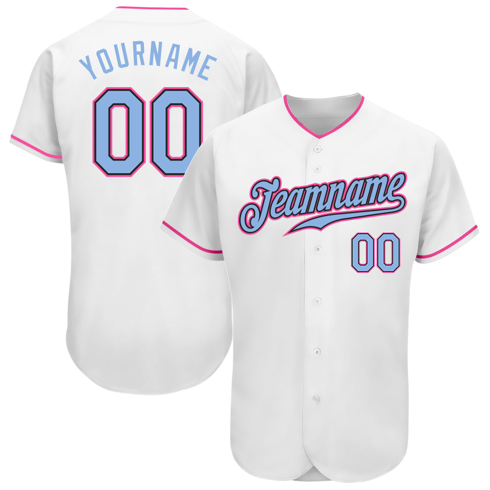 Custom White Light Blue Black-Pink Authentic Baseball Jersey - Main View