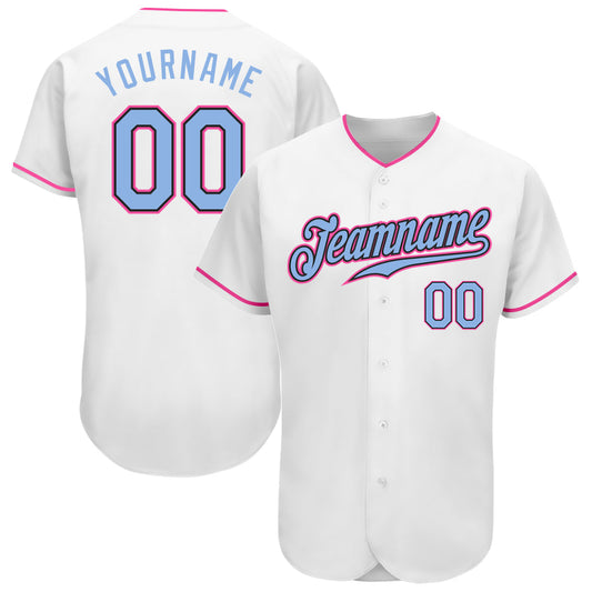 Custom White Light Blue Black-Pink Authentic Baseball Jersey - Main View