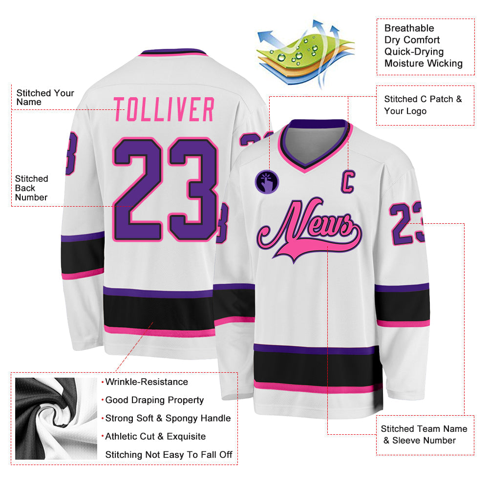 Custom White Purple Black-Pink Hockey Jersey view 2
