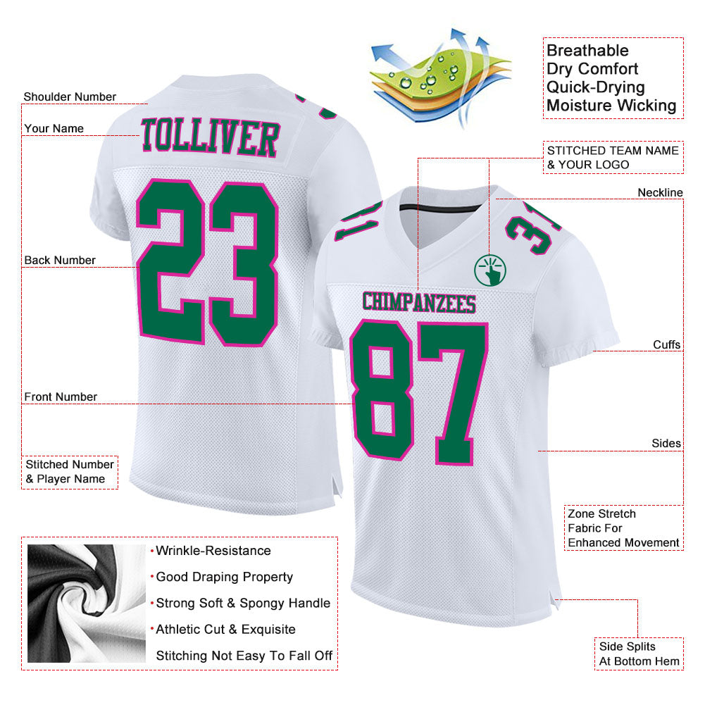 Custom White Kelly Green-Hot Pink Mesh Authentic Football Jersey view 2